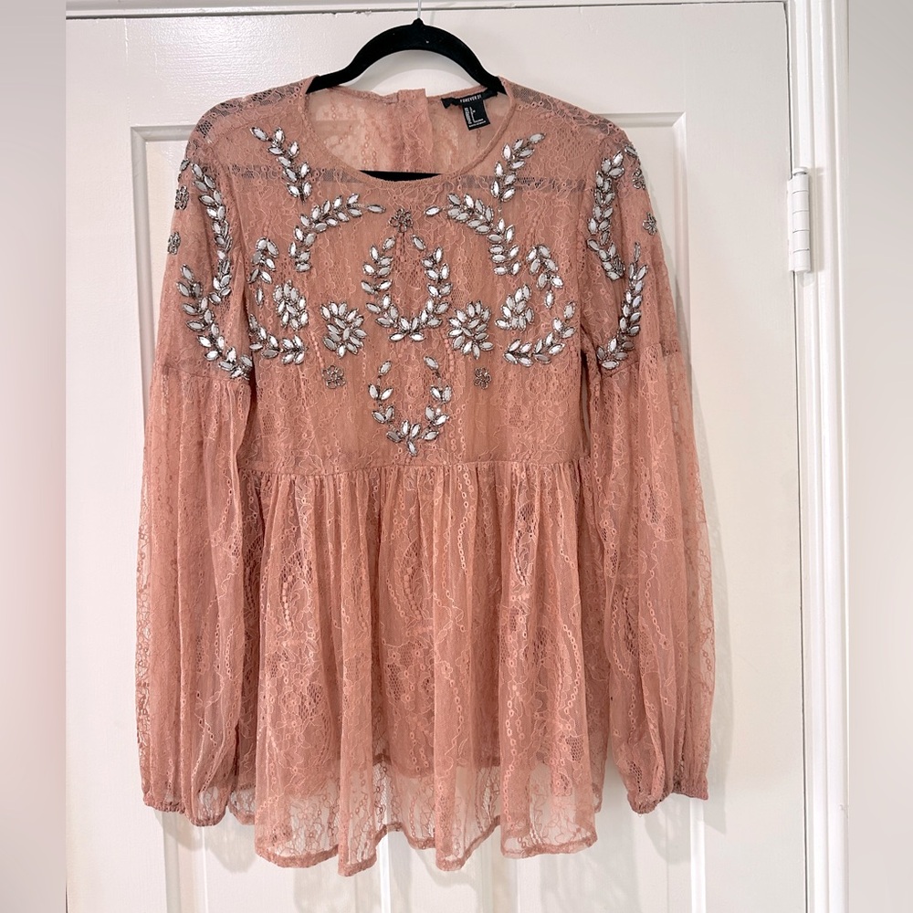 Forever 21 dainty lace long sleeve peplum embroidered sparkle beaded top blouse